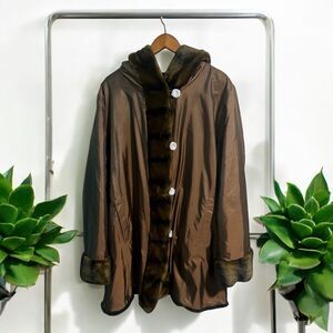 Dennis Basso Reversible Faux Fur Coat Women’s 2X Brown Hooded Long Jacket NWT